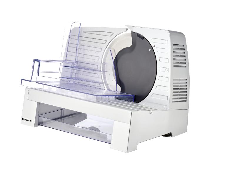 Une trancheuse SilverCrest blanche et transparente avec une lame rotative.