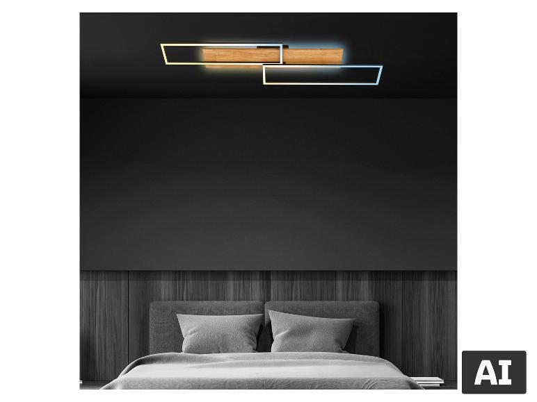 Plafonnier moderne avec éléments en bois et éclairage LED dans une chambre sombre.