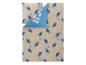 Parure de lit avec housse de couette et taie d'oreiller à motif de personnage de dessin animé bleu et lunes sur fond beige.