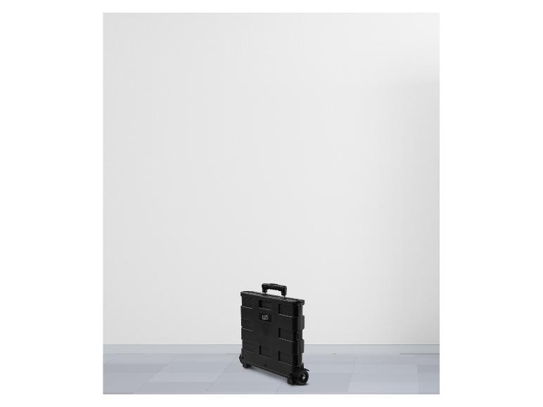 Chariot de courses pliable noir avec roues sur fond blanc.