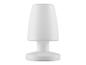 Une lampe de table moderne blanche avec un abat-jour cylindrique.
