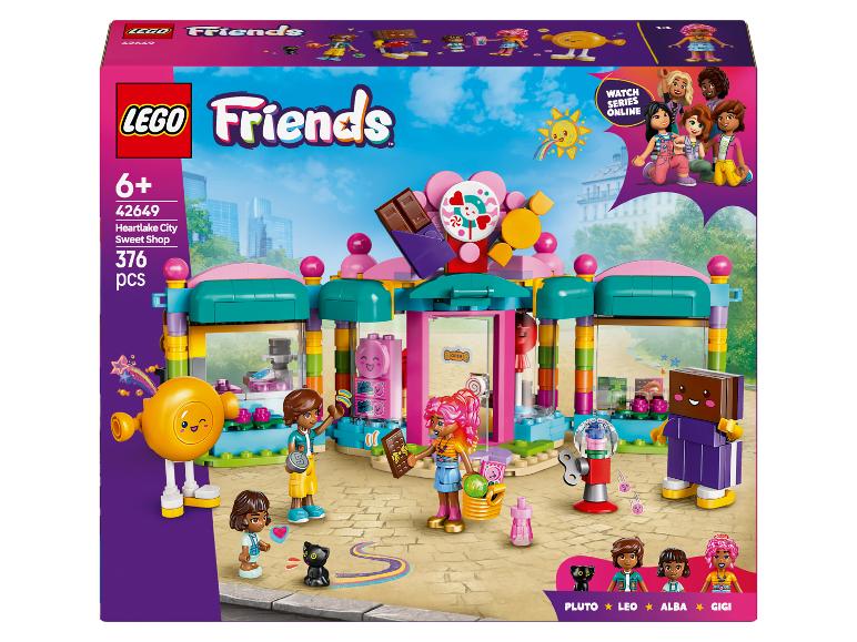 Ensemble LEGO Friends Heartlake City Sweet Shop de 376 pièces, montrant une boutique de bonbons et des minifigurines.