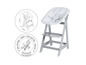 Une chaise haute en bois gris avec un siège rembourré gris.