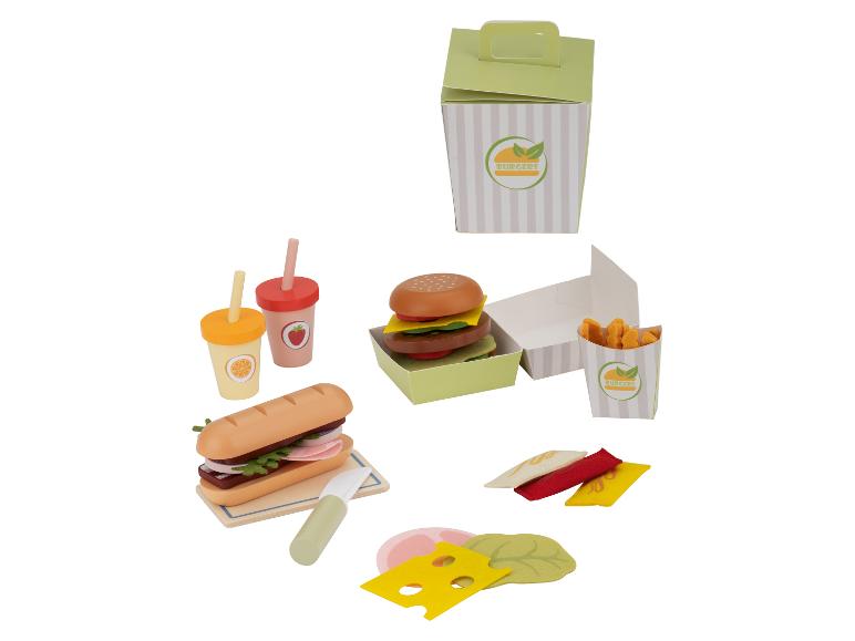 Ensemble de jeu sur le thème du fast-food, comprenant des hamburgers, des frites et des boissons.