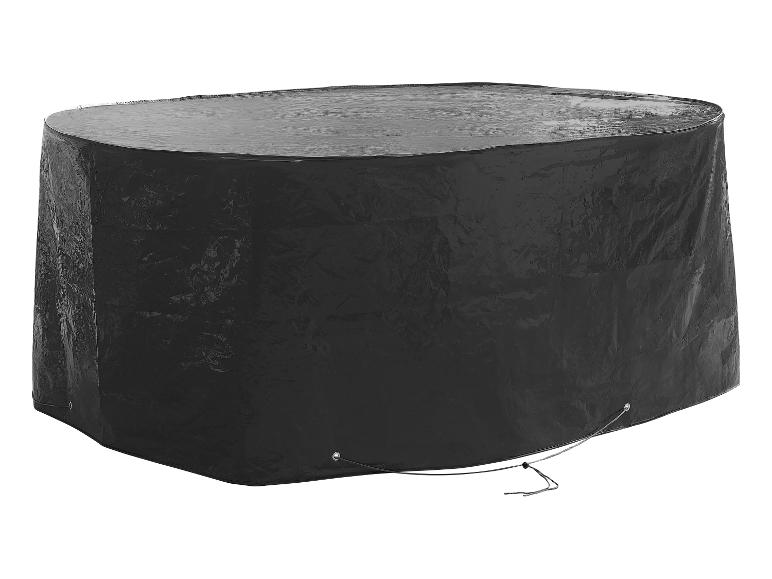 Une housse de protection noire pour une table ronde.