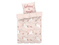 Une couette rose avec des arcs-en-ciel et des licornes, avec le texte 'Believe in magic'.