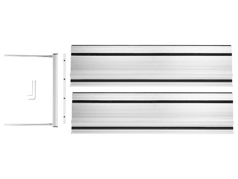 Deux rails de guidage en aluminium avec accessoires sur fond blanc.