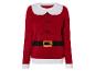 Un pull de Noël rouge avec un col blanc et une ceinture noire.