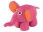 Un éléphant en pâte à modeler rose avec des oreilles oranges et des yeux noirs et blancs.