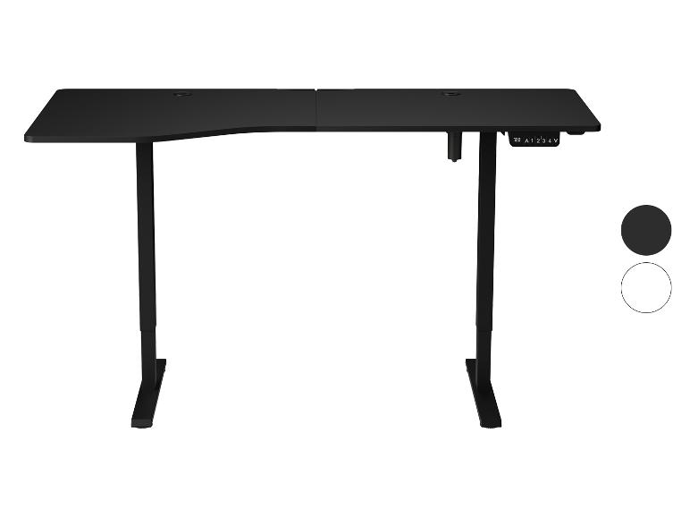 Bureau debout noir réglable en hauteur avec bord incurvé et panneau de commande.