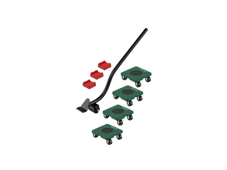 Ensemble de déménagement de meubles Parkside avec un levier et quatre patins verts à roulettes.
