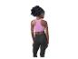 Femme en soutien-gorge de sport rose et legging noir, vue de dos.