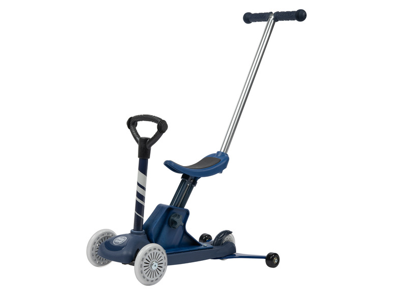 Une trottinette Playtive bleue 3 en 1, qui peut être utilisée comme trottinette, draisienne et poussette.