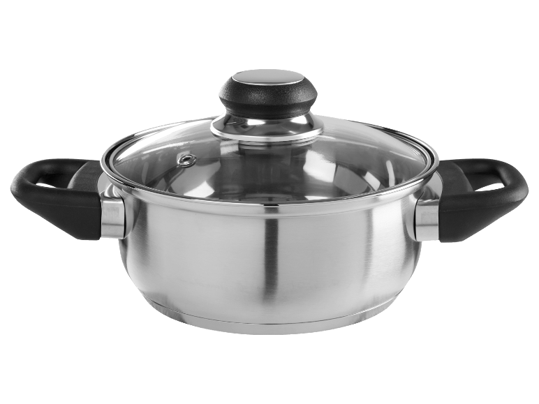 Une casserole en acier inoxydable avec un couvercle en verre.