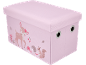 Boîte de rangement rose avec couvercle et dessins d'animaux de la forêt comme un faon, un hérisson et un écureuil.