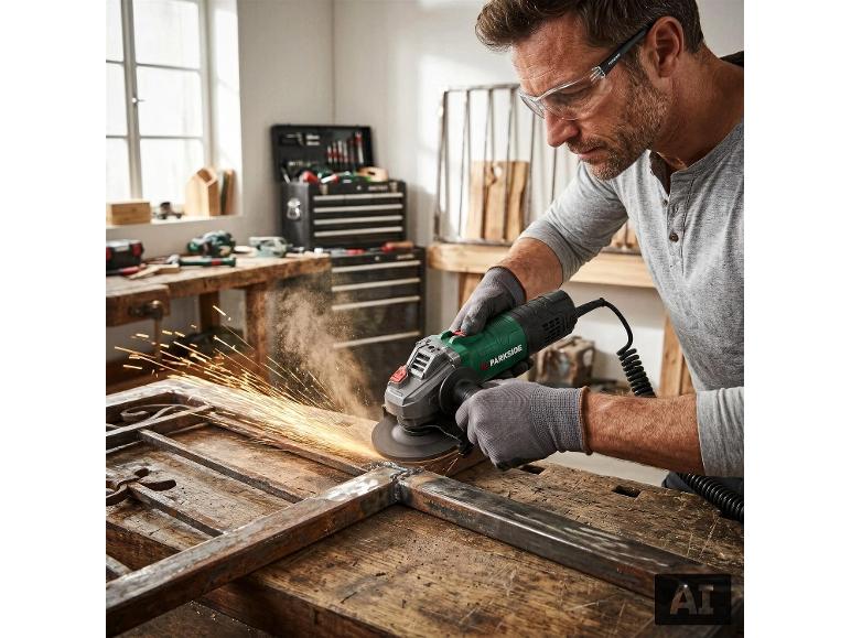 Homme avec une meuleuse d'angle ponce un cadre métallique, créant des étincelles dans un atelier.