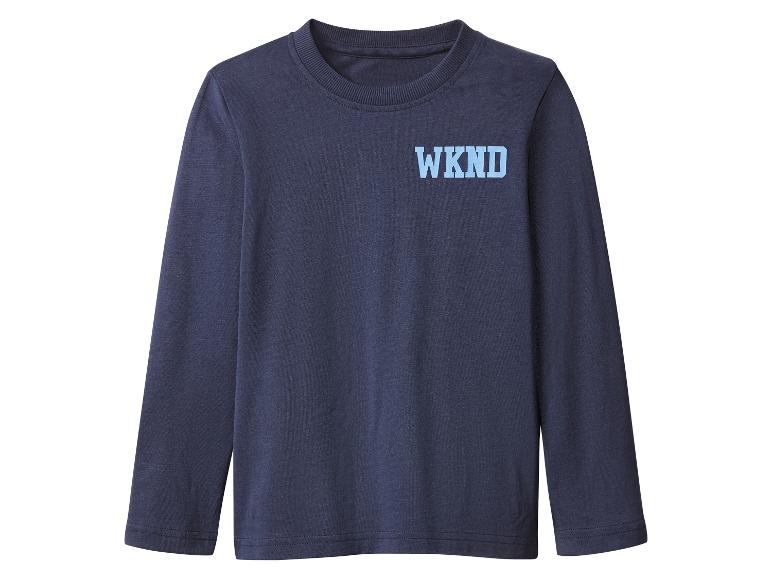 T-shirt bleu foncé à manches longues avec 'WKND' imprimé sur la poitrine.