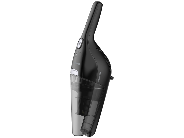 Aspirateur à main sans fil noir avec réservoir transparent et bouton d'alimentation.