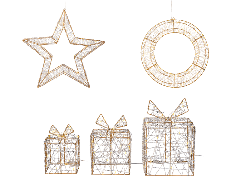 Décorations de Noël lumineuses en forme d'étoile, de couronne et de cadeaux.