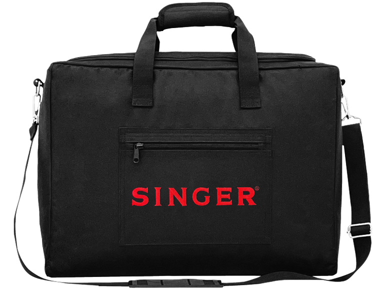 Sac de transport noir pour machine à coudre avec poignées et bandoulière, texte rouge.