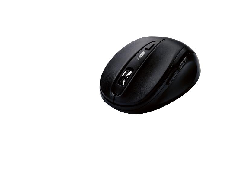Une souris sans fil noire avec un bouton DPI.