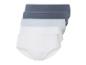 Trois paires de culottes blanches, bleues et grises.