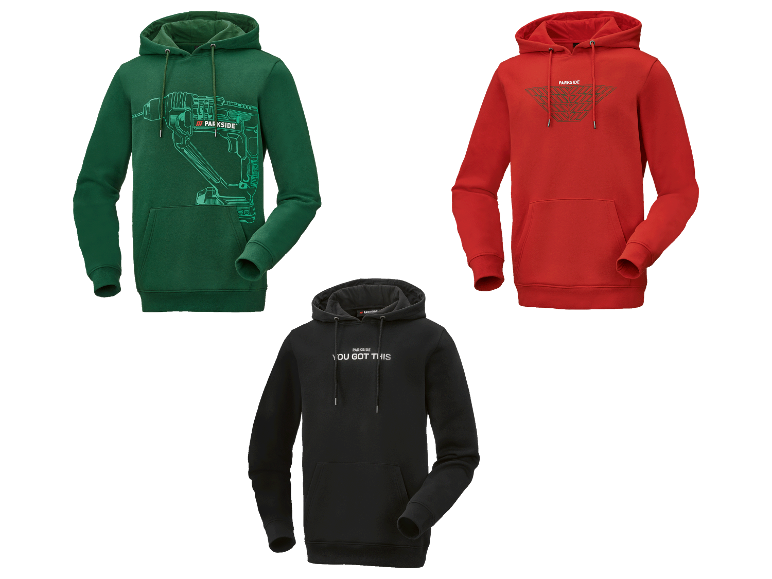 Trois sweats à capuche Parkside : vert avec perceuse, rouge avec motif géométrique et noir avec le slogan ' You got this '.