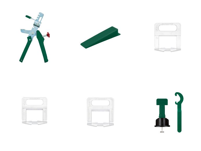 Un ensemble d'outils et d'entretoises pour le nivellement des carreaux.