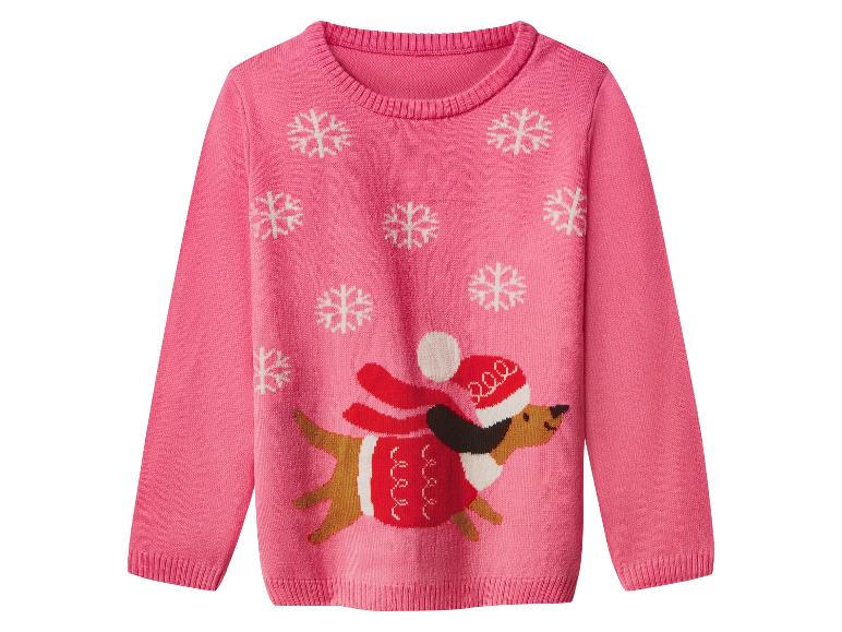 Pull rose avec motif teckel et flocons de neige