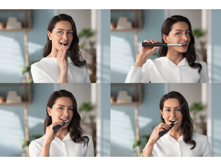 Femme se brossant les dents avec une brosse à dents électrique en quatre étapes.
