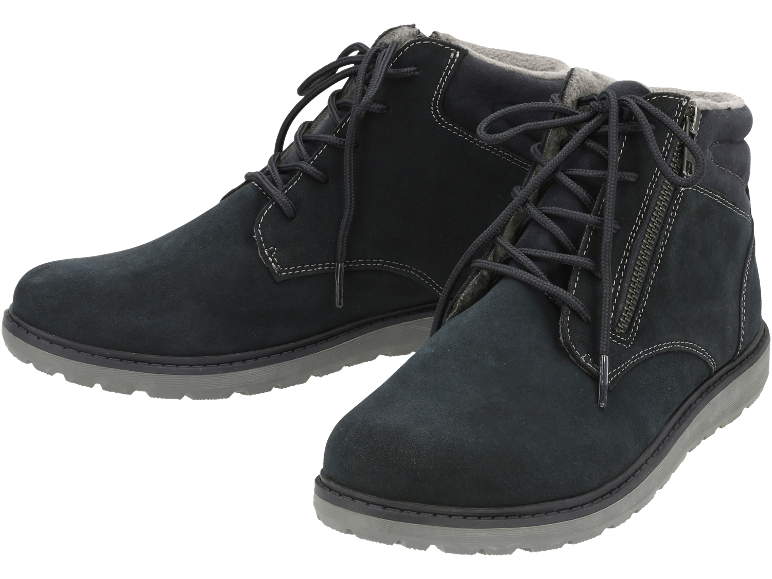 Bottes d'hiver en daim bleu foncé pour hommes avec lacets et fermeture éclair.