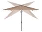 Parasol de jardin beige avec manivelle, présenté dans différentes positions ouvertes.