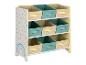 Une armoire de rangement avec six paniers, avec un design arc-en-ciel et des pois.