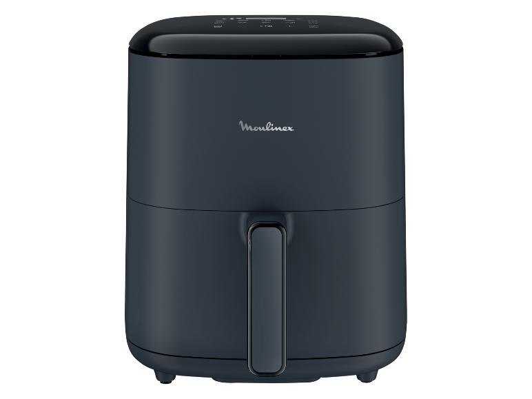 Friteuse à air chaud de couleur bleu foncé avec un panneau de commande noir sur le dessus.