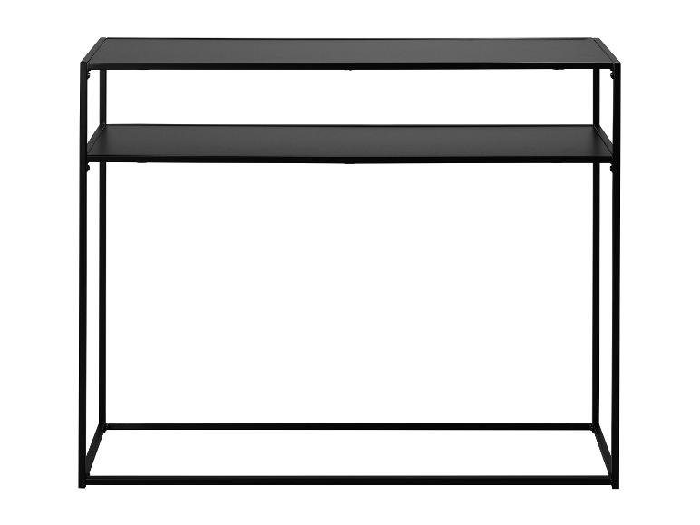 Table console en métal noir avec deux étagères.