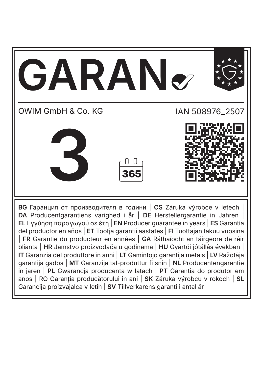 Label de garantie de 3 ans avec code IAN 508976_2507 et code QR.