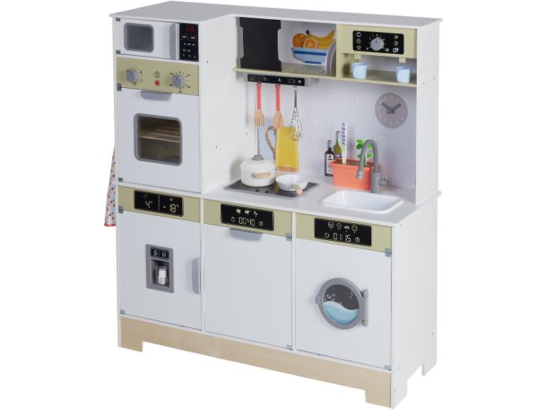 Cuisine de jeu en bois blanche avec four, micro-ondes, lave-vaisselle et machine à laver.