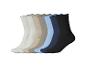 Sept paires de chaussettes côtelées de différentes couleurs : blanc, beige, marron, bleu clair, bleu foncé et noir.