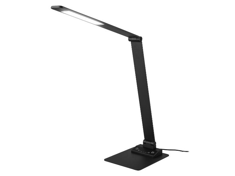 Lampe de bureau LED noire avec bras réglable et panneau de commande tactile sur la base.