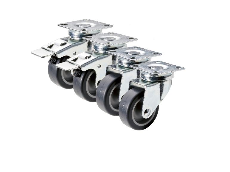 Trois roues de différentes tailles avec frein, disposées en rangée.