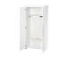 Armoire blanche avec une porte ouverte, une tringle à vêtements et deux étagères