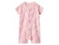 Barboteuse rose pour bébé à manches courtes et motif floral, avec fermeture éclair sur le devant.