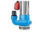 Pompe submersible bleue avec flotteur rouge et boîtier métallique.