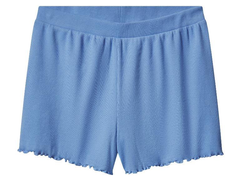 Shorts bleus en côtes, détail festonné.