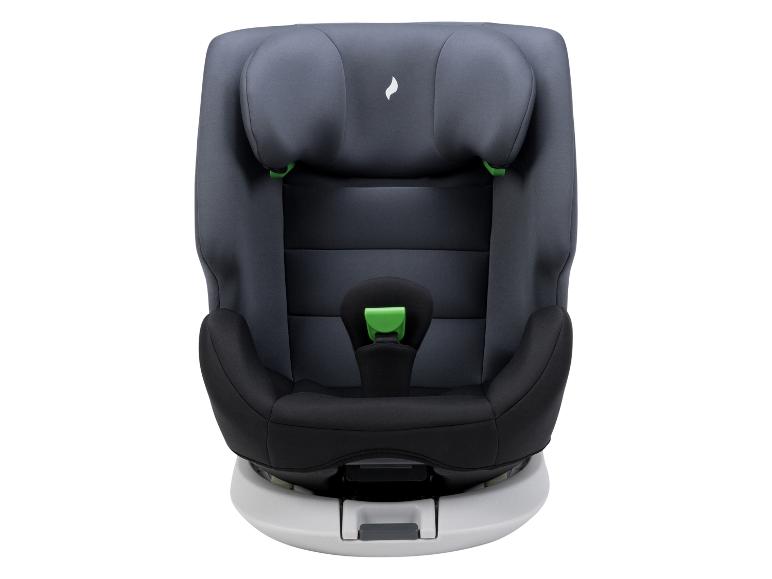 Siège auto pour enfant gris et noir avec des accents verts et une base blanche.