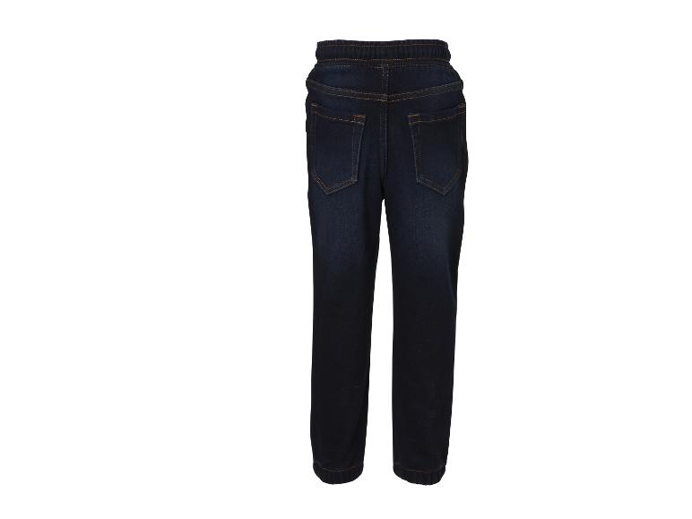 Jean foncé pour enfant avec taille élastique et surpiqûres oranges, vue arrière.
