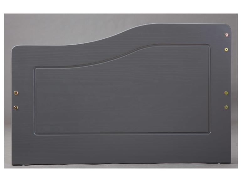 Dos de lit en bois gris foncé aux lignes courbes.