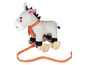 Un âne en peluche gris sur des roues en bois avec une corde de traction orange.