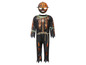 Un costume d'Halloween avec un imprimé squelette et un masque de citrouille.