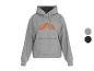 Sweat à capuche gris avec un motif orange sur la poitrine, avec des options de couleur.